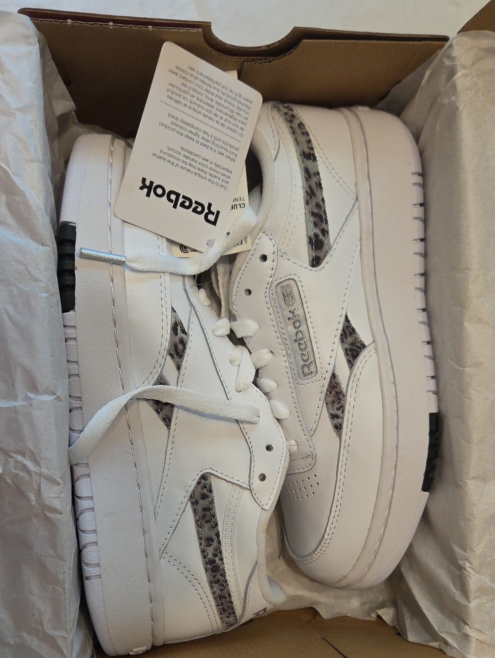 Reebok Kids White Leather Sneakers with Leopard Trim